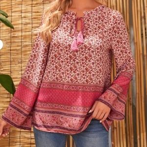 Floral Blouse w/Flounce Sleeve and Tassel Detail (NWOT)